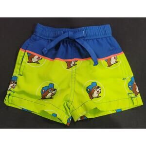 Baby Swim Trunks Shorts Buc-ee's‎ Beaver Cartoon Print Blue Green Size 6-9M